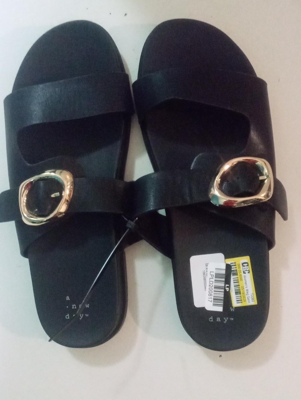 A New Day Black Slide Sandals with Gold Buckle Sz 8NWT $35 Meg